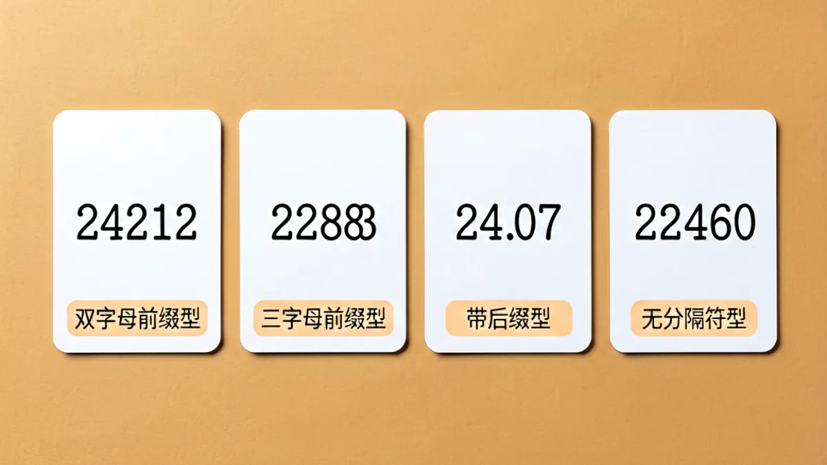 一张横向排列的编号卡片对比图，画面中并排展示四个不同发行商的示例编号，每个编号下方有简短标签注明发行商名称和编号类型，整体色调偏暖橙色