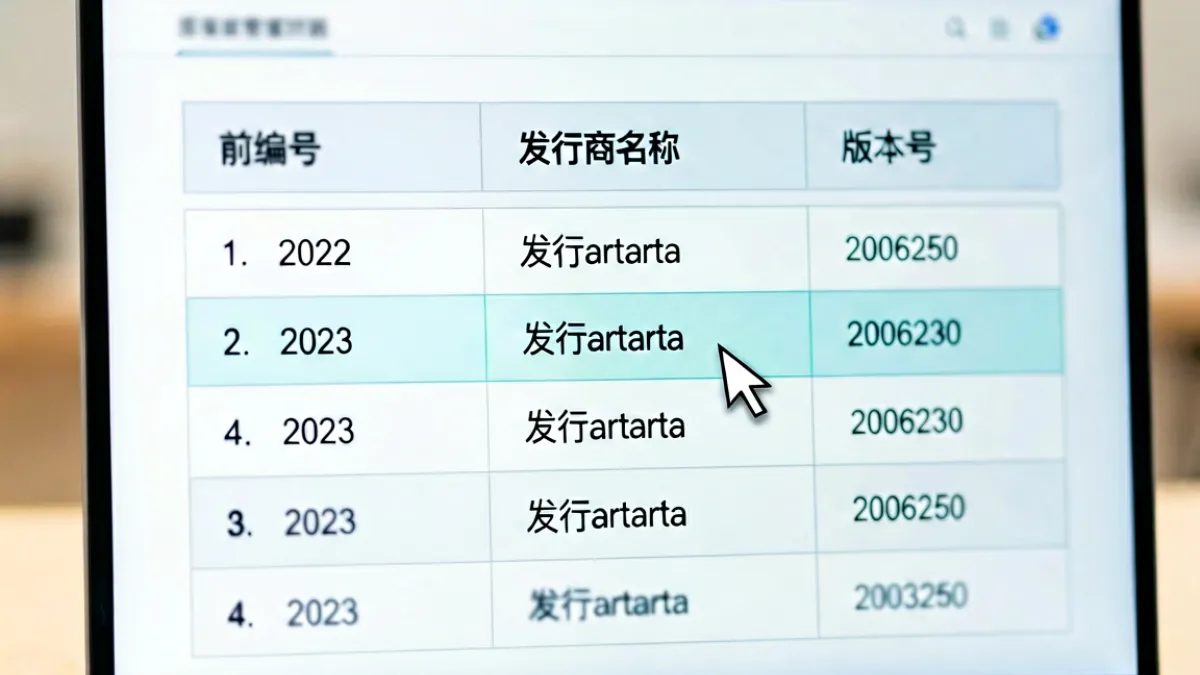 电脑屏幕的特写，浏览器里打开了番号查询结果页，页面上清晰显示着编号前缀、发行商名称和版本号三列对比表格，鼠标指针悬停在一条结果上
