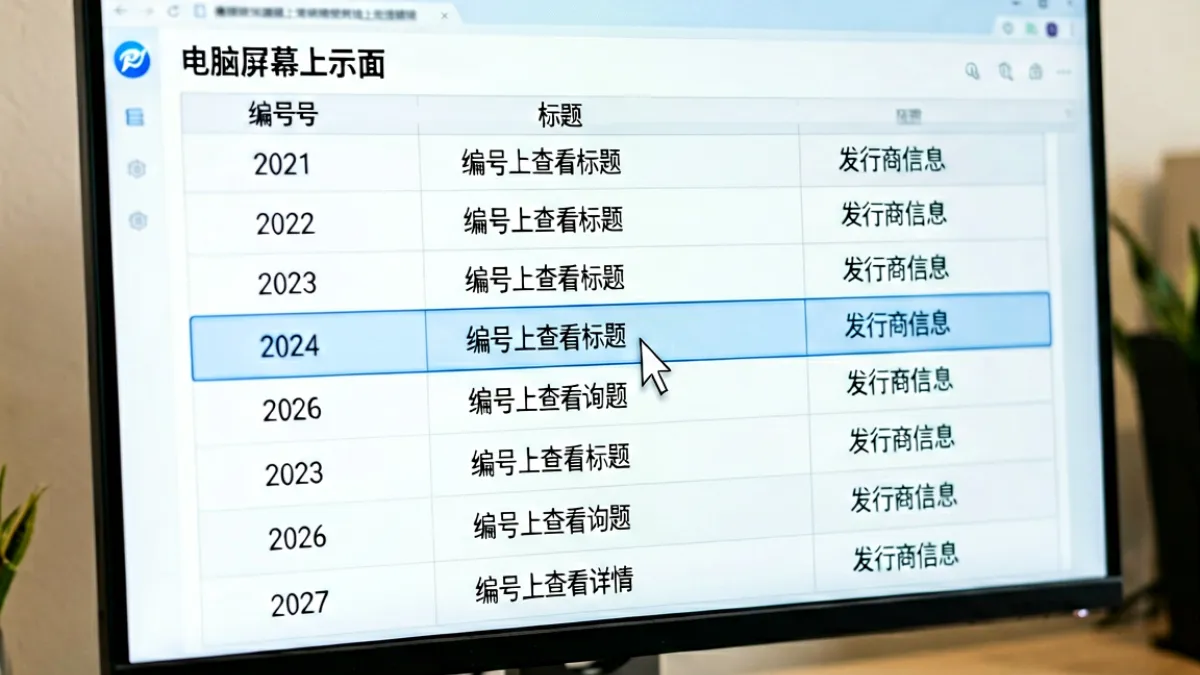 电脑屏幕上显示着番号查询界面的特写，表格中整齐排列着编号、标题与发行商信息，鼠标光标悬停在某一行的编号上准备点击查看详情